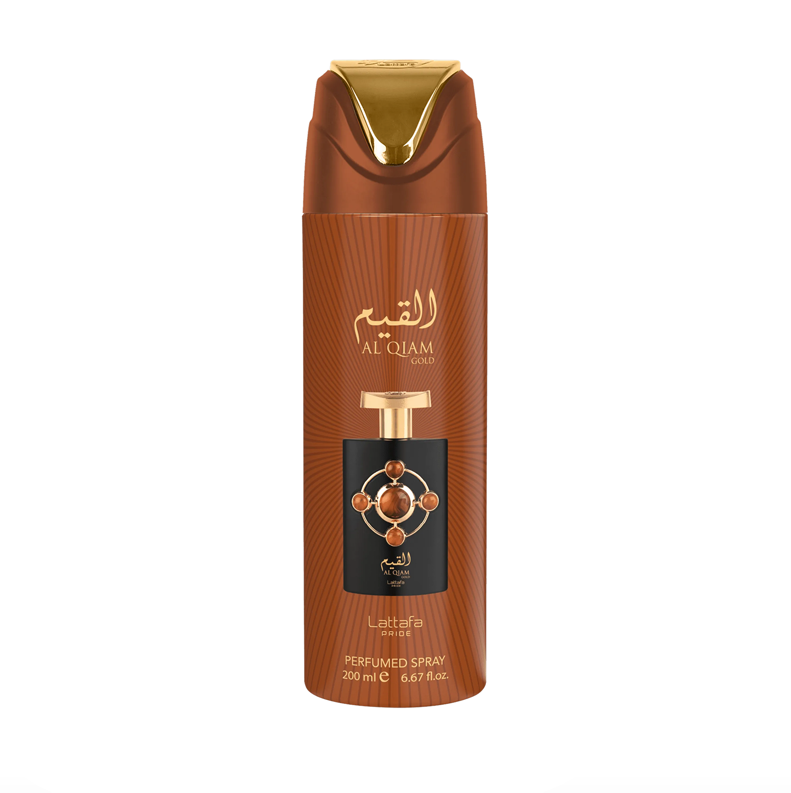 Ein professionelles Produktfoto der Lattafa Pride Al Qiam Gold Deodorant-Flasche (200ml), das das schlanke, kraftvolle Design und das Premium-Branding der Lattafa Pride-Kollektion vor einem klaren, modernen Hintergrund hervorhebt.