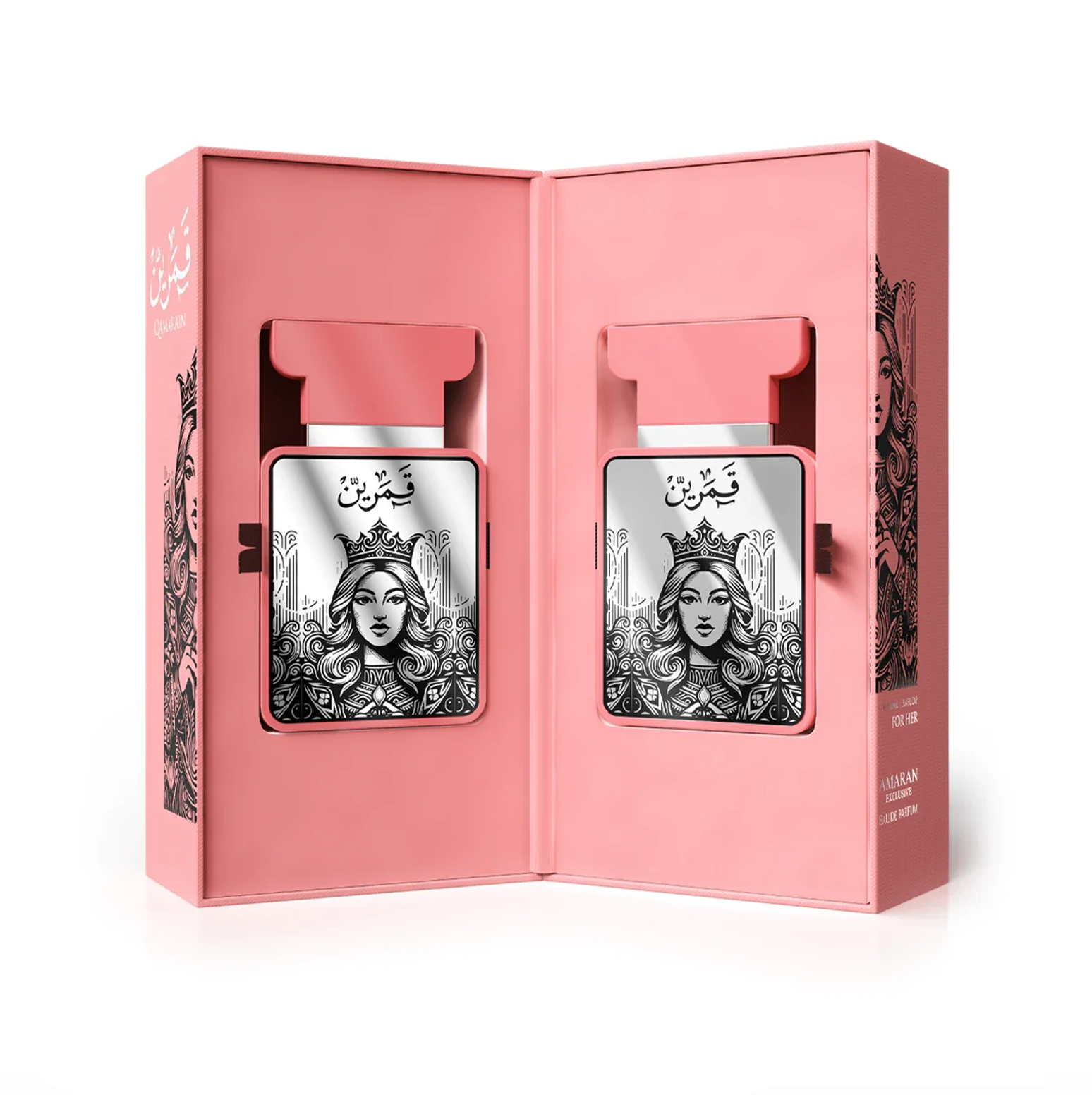 A professional product display showing two Qamarain For Her perfume bottles nested inside an elegant, pink-themed presentation box, decorated with artistic portrait illustrations.