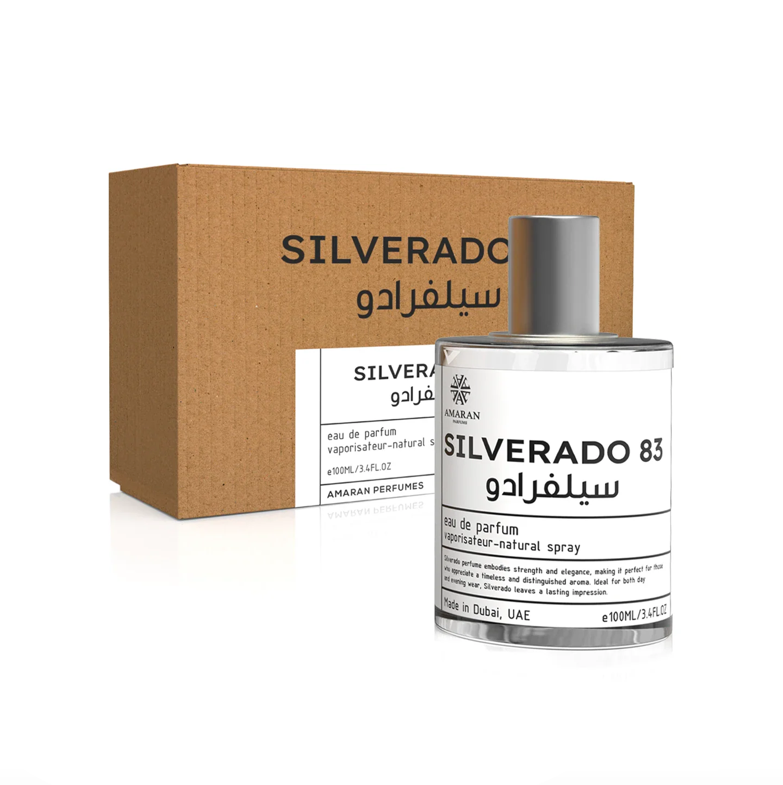 A professional product shot showcasing the Silverado 83 100ml bottle standing next to its rustic, minimalist cardboard gift box.