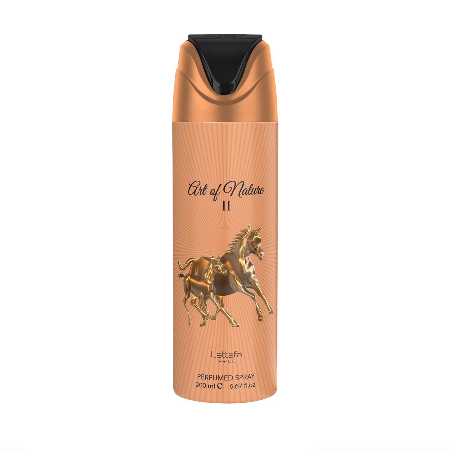 Ein professionelles Produktfoto der Lattafa Pride Art of Nature II Deodorantflasche (200ml), das das schlanke Design und das hochwertige, elegante Branding der Lattafa Pride Kollektion vor einem klaren, modernen Hintergrund hervorhebt.