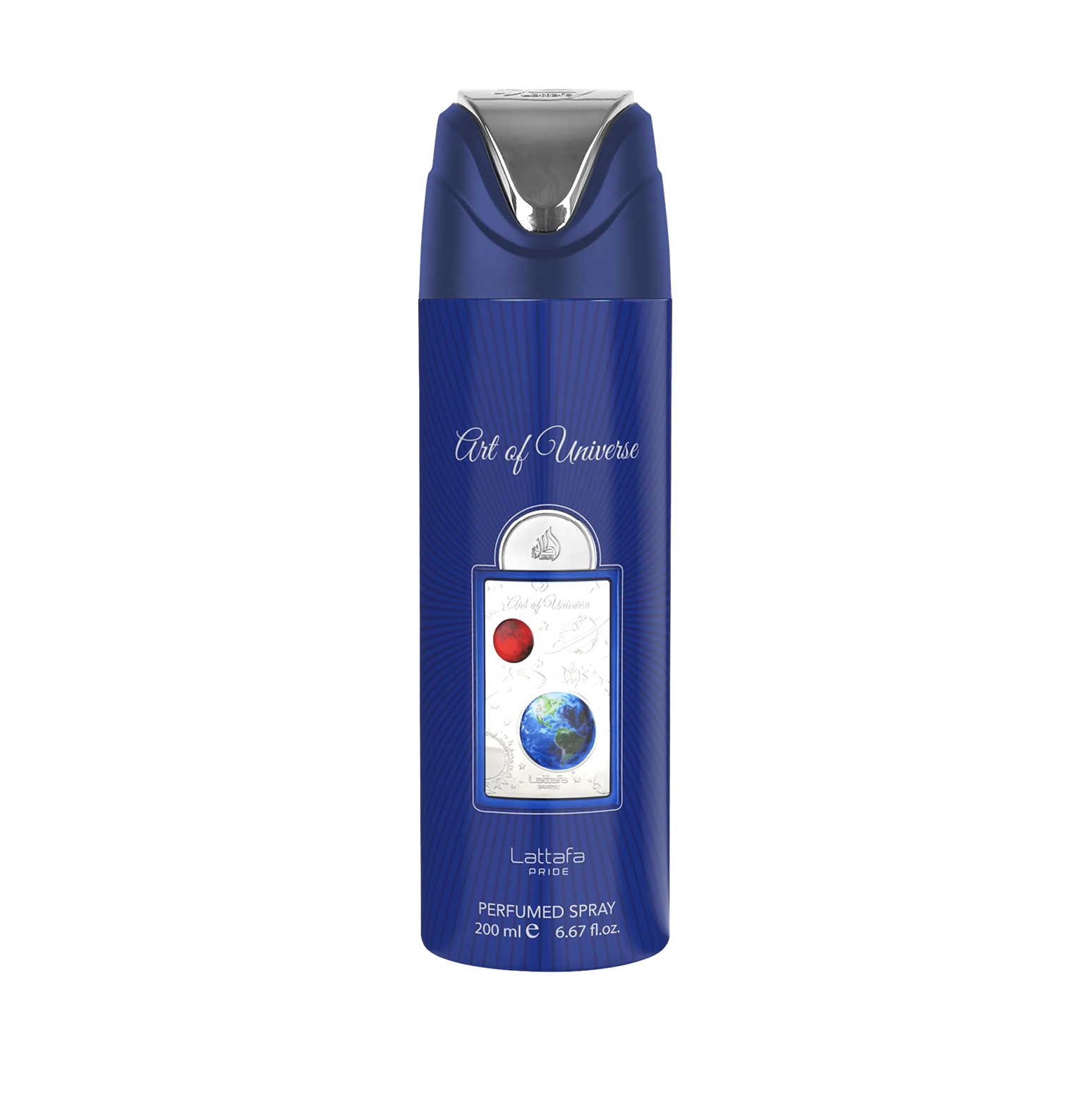 Ein Produktfoto des blauen Flakons (200 ml) des Lattafa Pride Art of Universe Deodorant, das das schlanke Design und das hochwertige, elegante Branding der Lattafa Pride-Kollektion vor einem klaren, weißen Hintergrund hervorhebt.