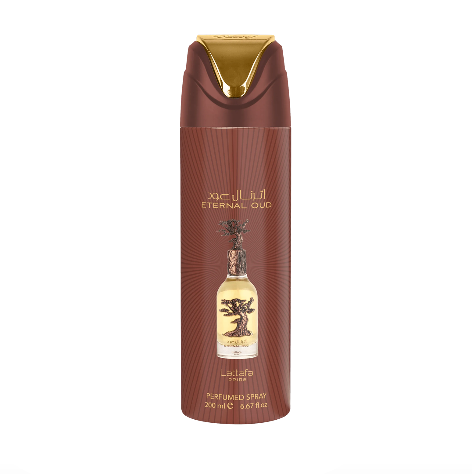 Ein professionelles Produktfoto des Lattafa Pride Eternal Oud Deodorant Flakons (200ml), das das elegante Design und das hochwertige Branding der Lattafa Pride Kollektion vor einem klaren, modernen Hintergrund hervorhebt.