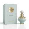 Eine Studio-Produktaufnahme des blassgrünen 100-ml-Flakons von Juman Exclusive mit goldenen Akzenten, ausgestellt neben der passenden gemusterten Geschenkbox.