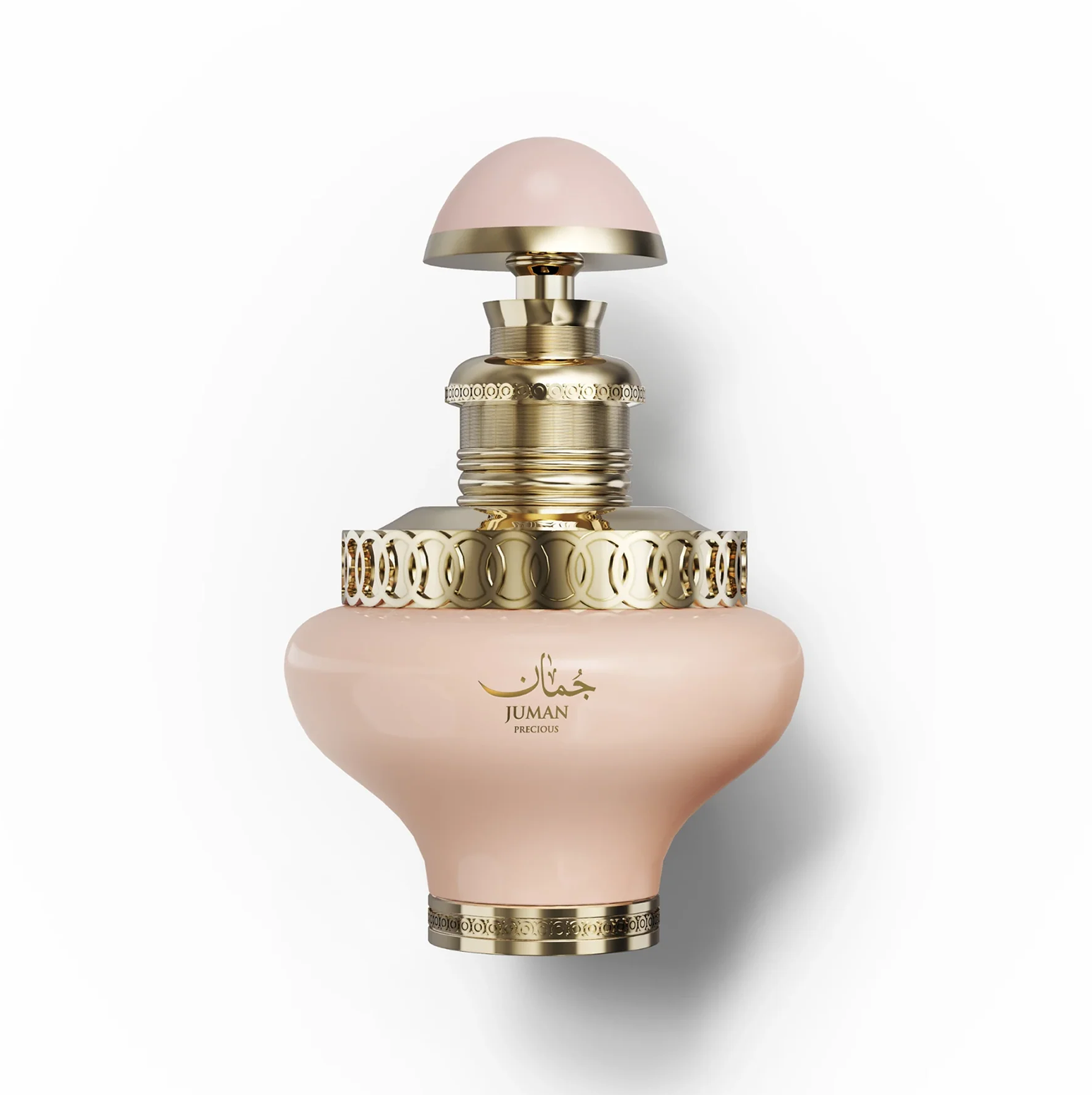 Nahaufnahme des Flakons des Damenparfums Juman Precious 100 ml mit goldenen Details. Eine saubere Studioaufnahme des Juman Precious 100ml Glasflakons, die den zarten, weich getönten Körper und die komplizierten goldfarbenen Metallakzente um den Hals und den Boden hervorhebt.