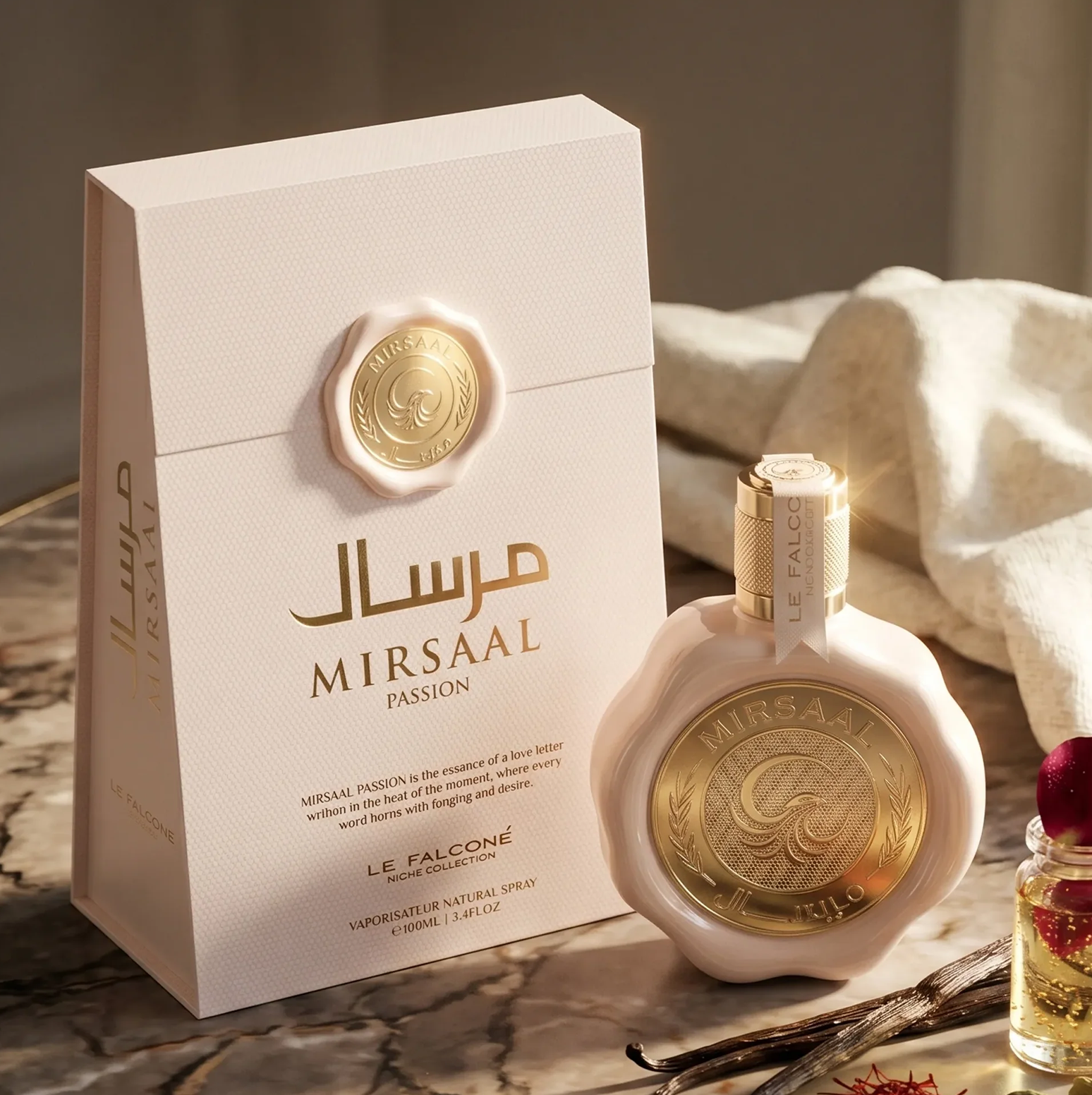 Ein hochwertiges Produktdisplay von Mirsaal Passion Eau de Parfum mit dem blassrosa, wachsversiegelten 100-ml-Flakon und der dazugehörigen eleganten Geschenkbox, die mit Vanilleschoten und aromatischen Akzenten auf einer Marmoroberfläche gestaltet ist.