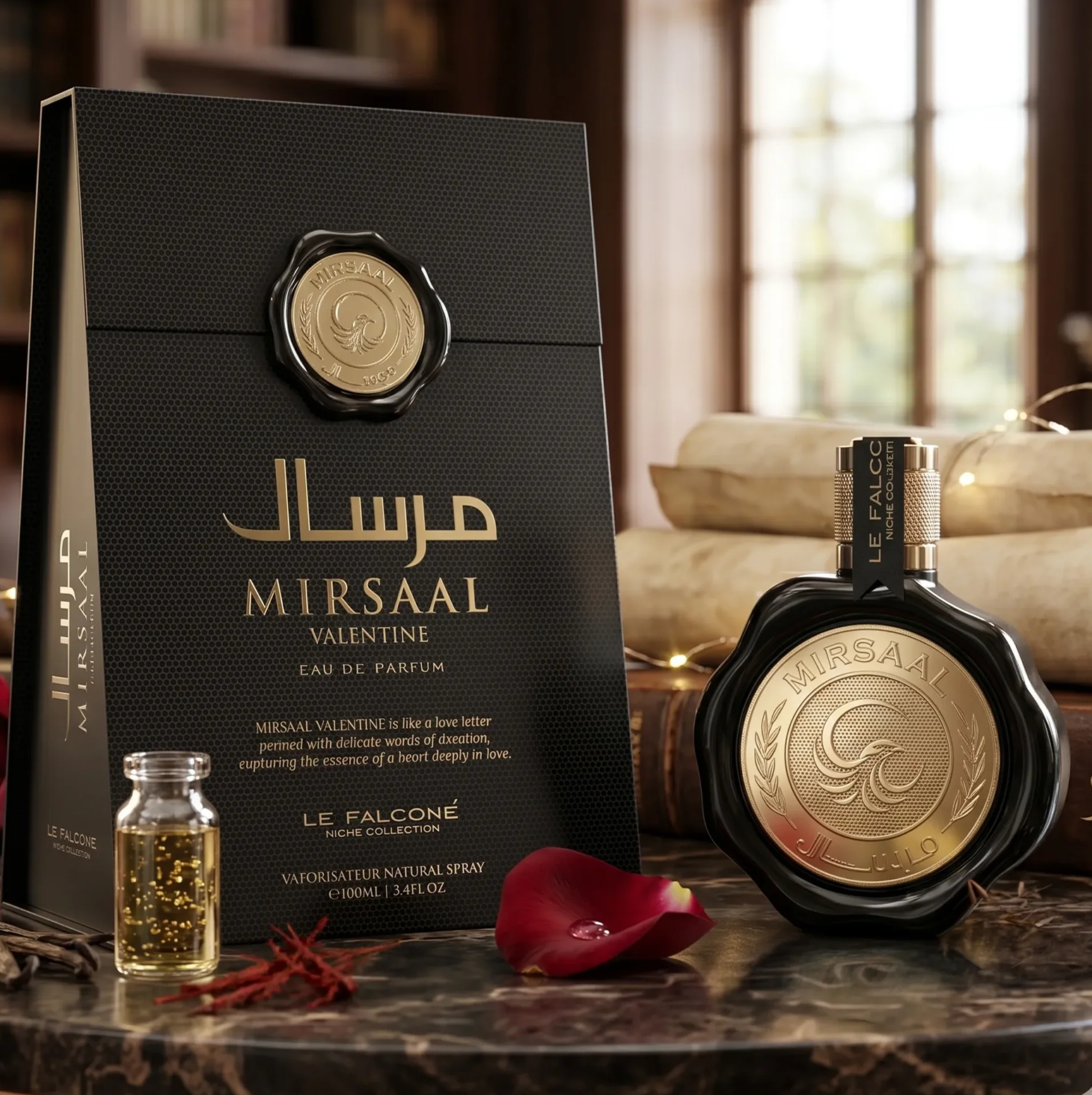 Ein luxuriöses Produktdisplay von Mirsaal Valentine Eau de Parfum mit dem schwarzen, mit Wachs versiegelten 100-ml-Flakon und der dazu passenden schwarzen Geschenkbox, gestylt mit einem Rosenblatt und goldenen Akzenten auf einem klassisch gedeckten Tisch.