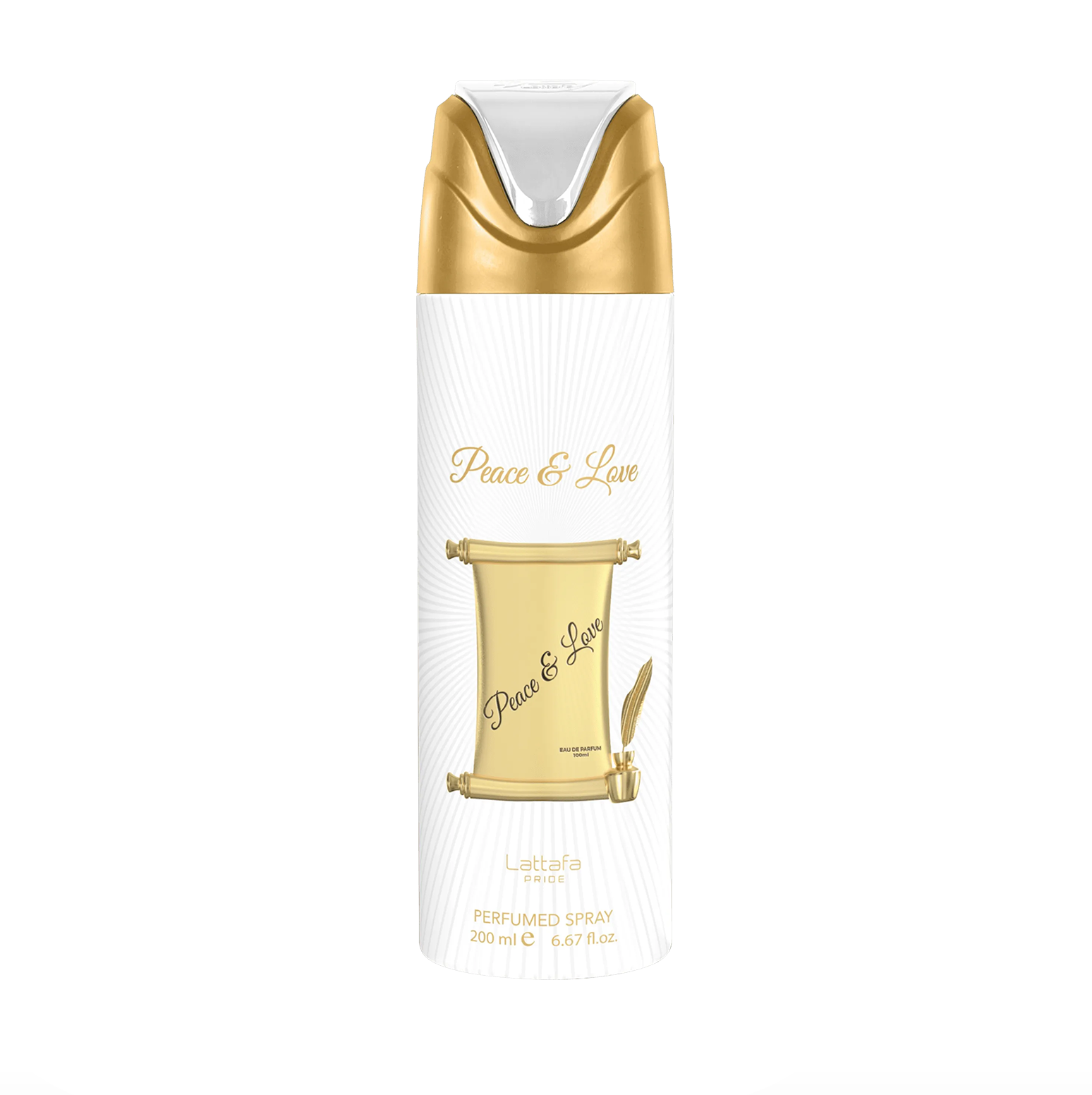 Eine hochwertige Nahaufnahme des Lattafa Peace and Love Deodorant-Flakons, die das ästhetische Design des Flakons vor einem ätherischen Hintergrund mit weicher Schärfe zeigt, um seine romantische und zarte Natur hervorzuheben.
