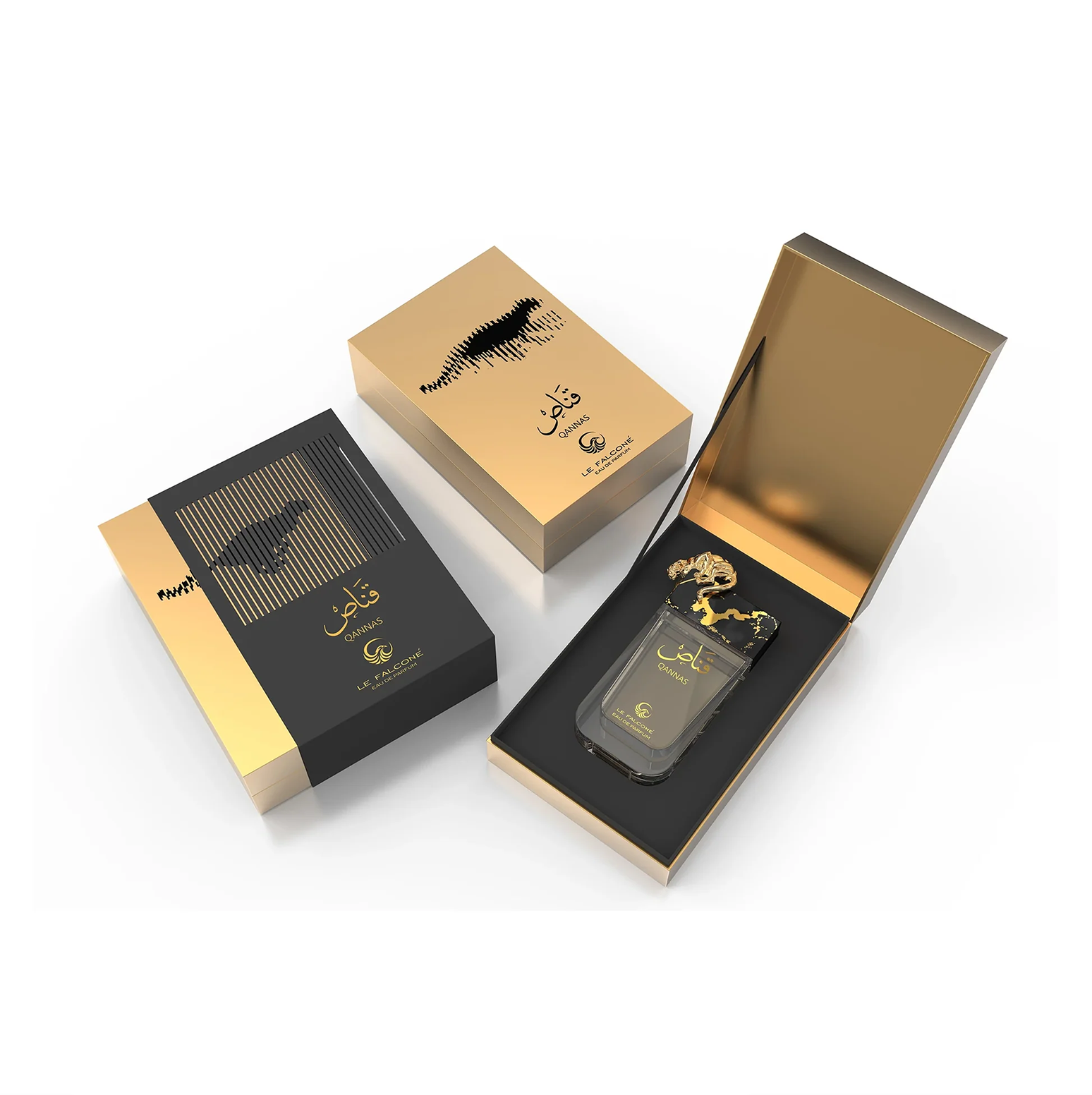 Eine Premium-Präsentation von Le Falconé Qannas Eau de Parfum, bei der der 90-ml-Flakon zusammen mit der eleganten schwarz-goldenen Geschenkverpackung präsentiert wird, die das luxuriöse Design und das charakteristische goldene Panther-Emblem hervorhebt.