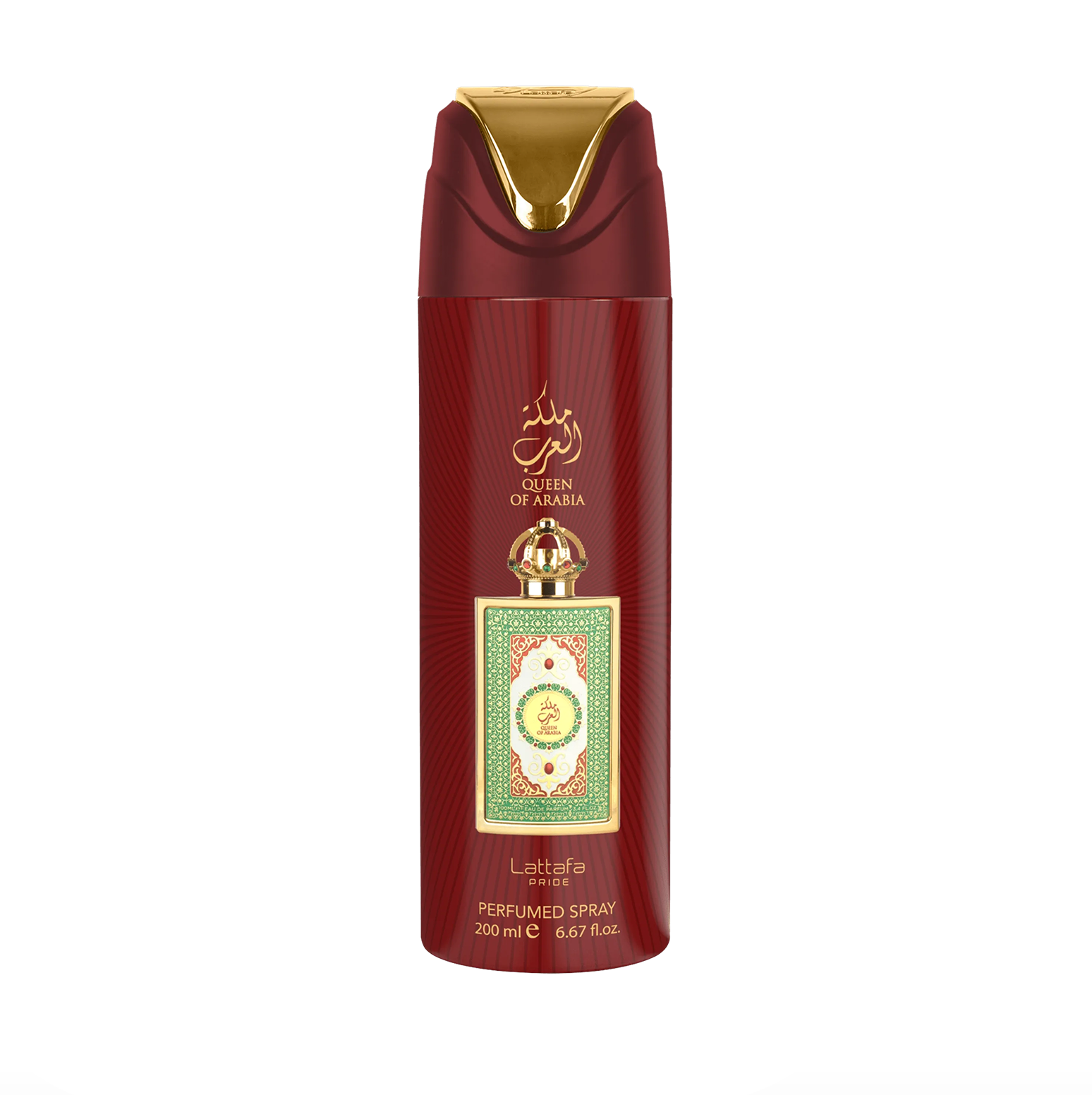 Ein professionelles Produktfoto der Lattafa Pride Queen of Arabia Deodorant Flasche (200ml), das das schlanke Design und das hochwertige, elegante Branding der Lattafa Pride Kollektion vor einem klaren, modernen Hintergrund hervorhebt.