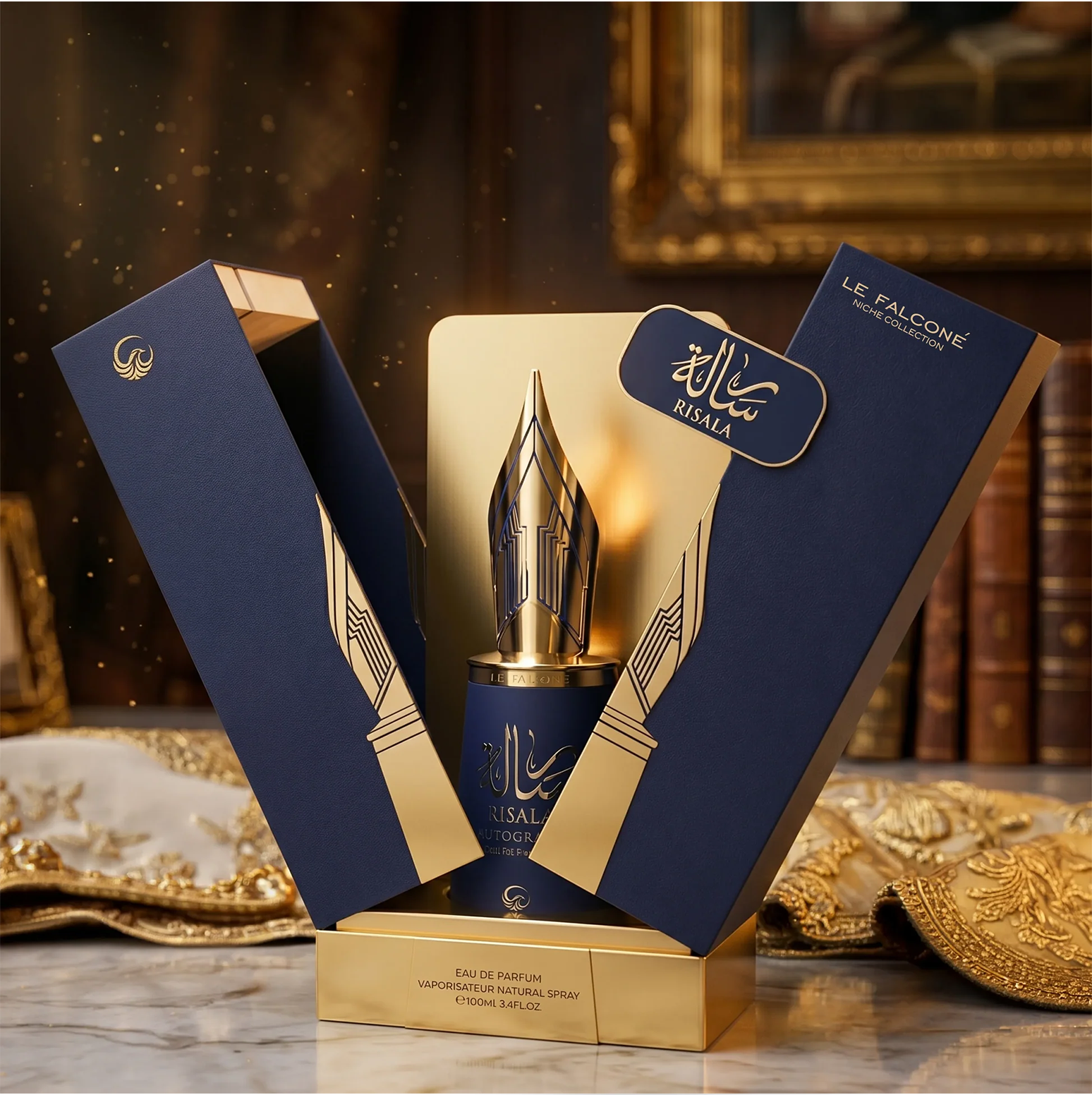 Ein hochwertiges Produktdisplay, das den Risala Autograph 100ml Flakon in seiner charakteristischen blau-goldenen, von einem Füllfederhalter inspirierten Geschenkbox auf einer Marmoroberfläche zeigt.