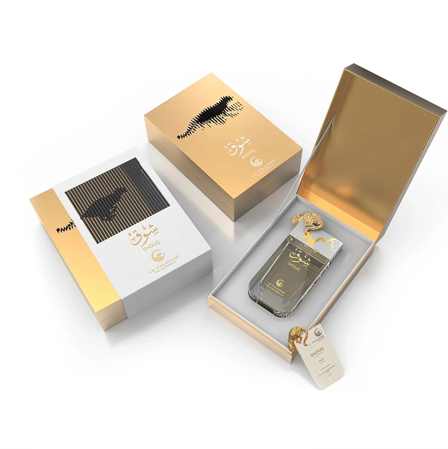 Ein hochwertiges Display für Le Falconé Shouq Eau de Parfum, das den 90-ml-Flakon zusammen mit der eleganten weiß-goldenen Geschenkverpackung zeigt und das luxuriöse Design sowie das charakteristische goldene Panther-Emblem hervorhebt.
