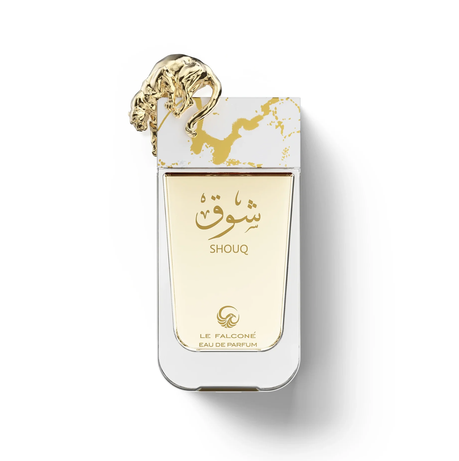Eine elegante Studioaufnahme des 90-ml-Glasflakons von Le Falconé Shouq, die die raffinierte arabische Kalligraphie, die klare Ästhetik und die markante, kunstvolle goldene Panther-Skulptur auf der weiß-gold marmorierten Kappe zur Geltung bringt.