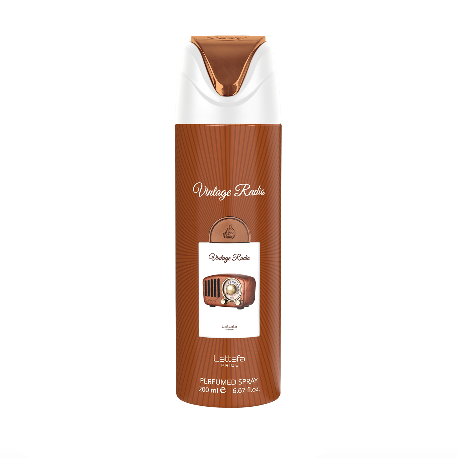 Eine scharfe, professionelle Produktaufnahme der Lattafa Pride Vintage Radio Körpersprühflasche (200 ml), die das schlanke Design und das hochwertige Branding der Pride-Kollektion vor einem klaren, modernen Hintergrund hervorhebt.